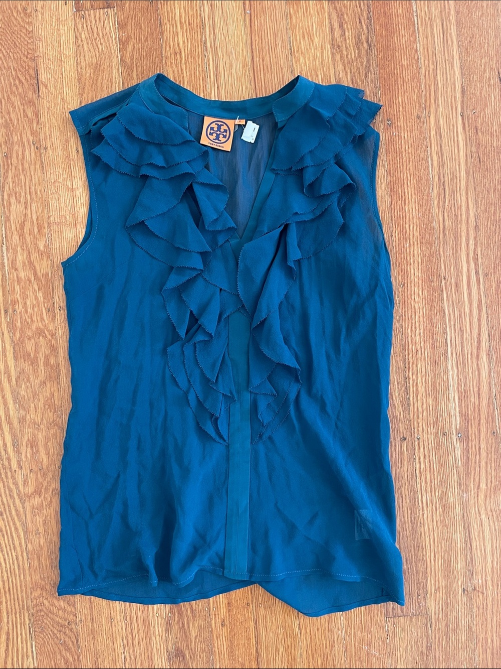 Vintage Tory Burch Teal Ruffle Sleeveless Blouse 100% silk